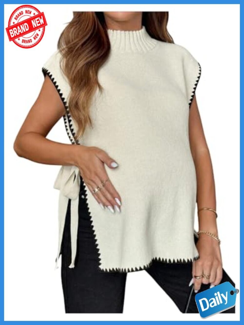 Maternity Sweater Vest Mock Neck Sleeveless Knit Side Tie Open